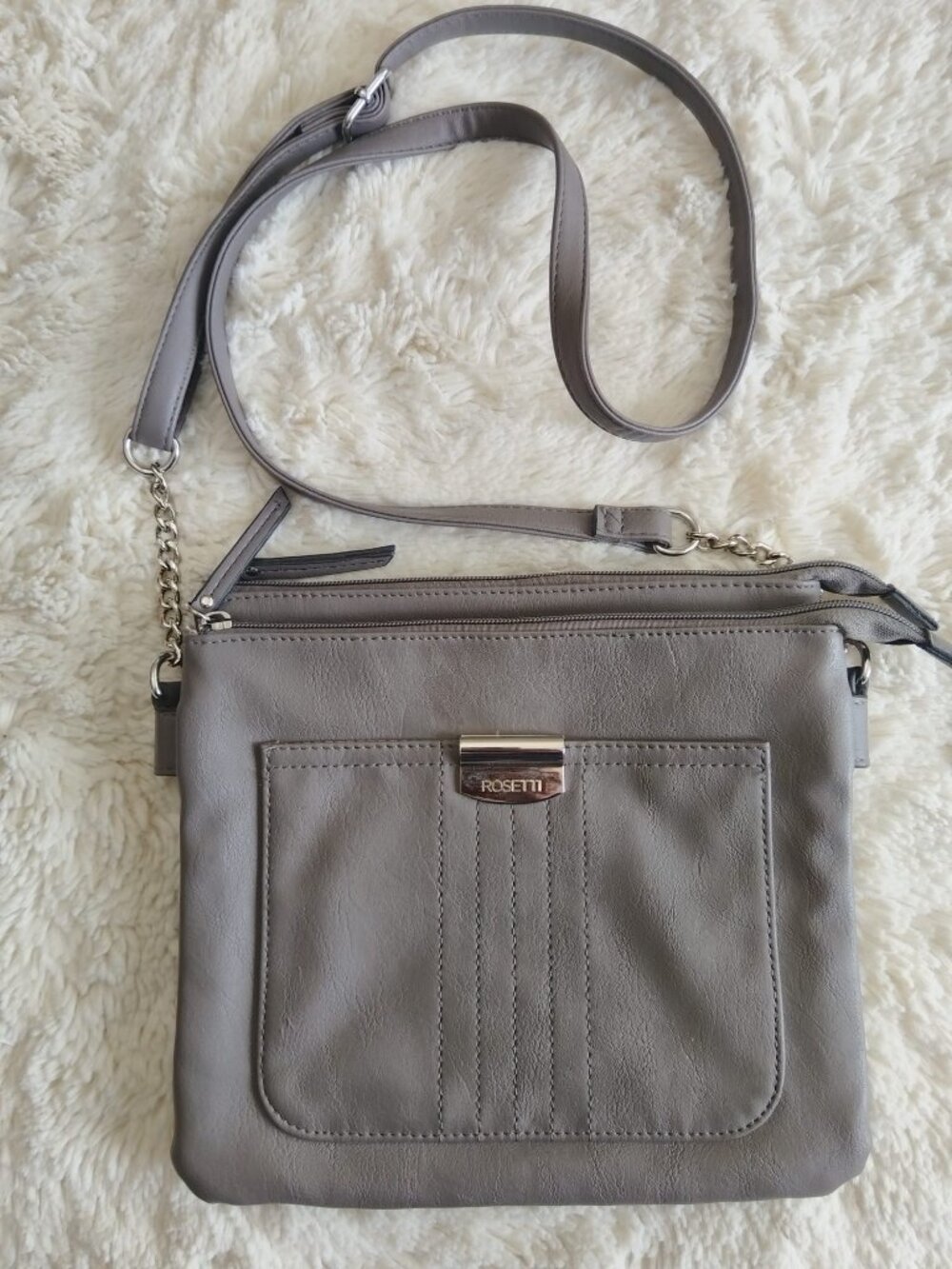Rosetti Taupe Gray Faux Leather Crossbody Shoulder Bag Multi Pocket Organizer